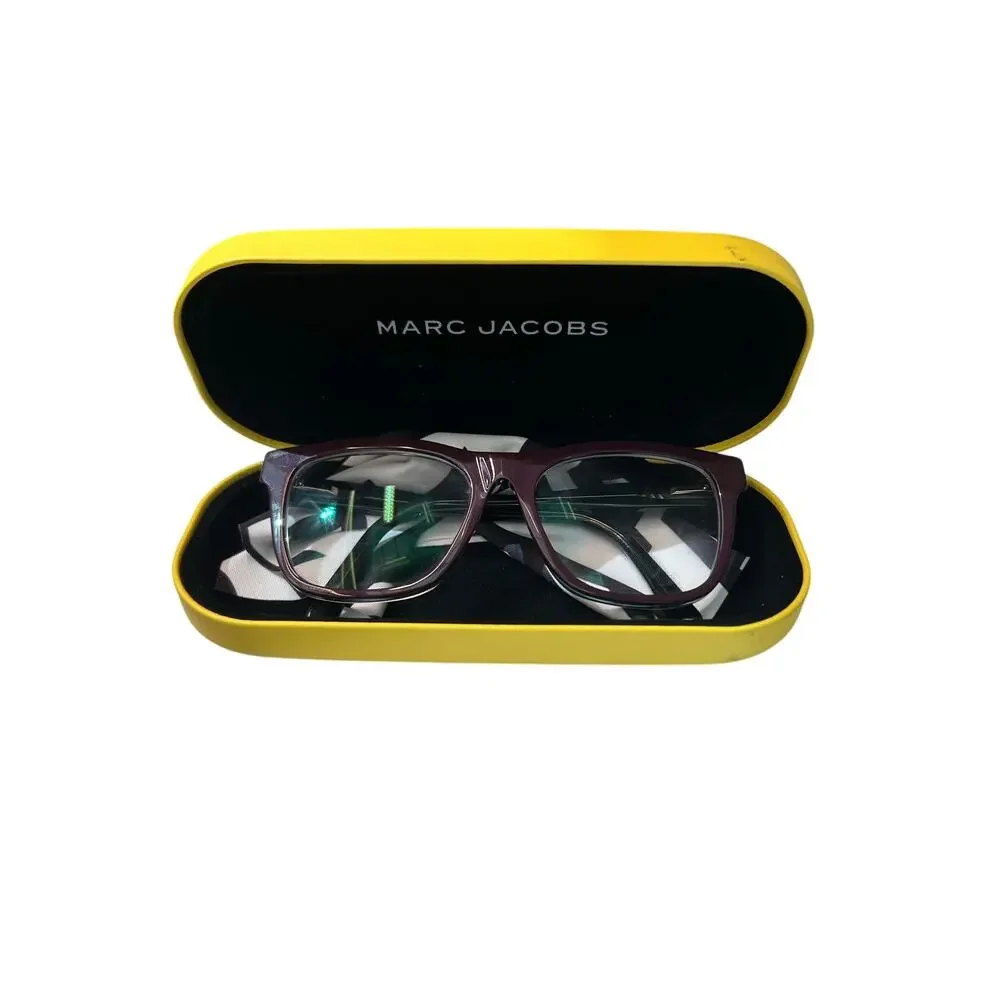 Marc Jacobs purple glasses frames with lenses yellow case, cleaning cloth.